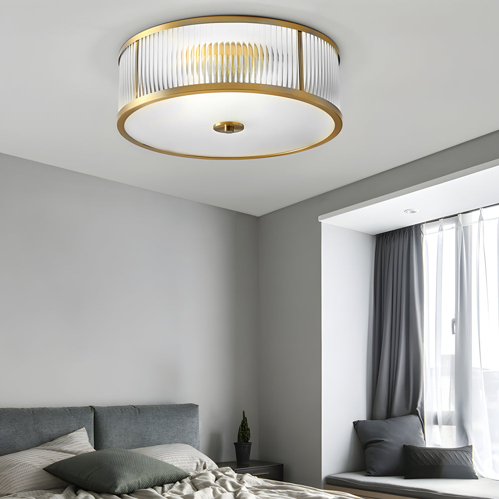 Modern Gold Drum Flush Mount Ceiling Light with Ribbed Glass Shade for Living Room and Bedroom
