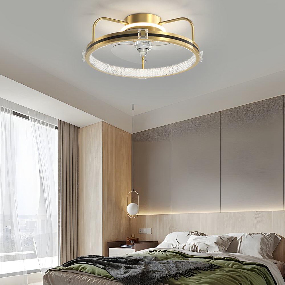 Modern Gold Flush Mount Ceiling Fan with Silent LED Light and 3 Color Dimming Function
