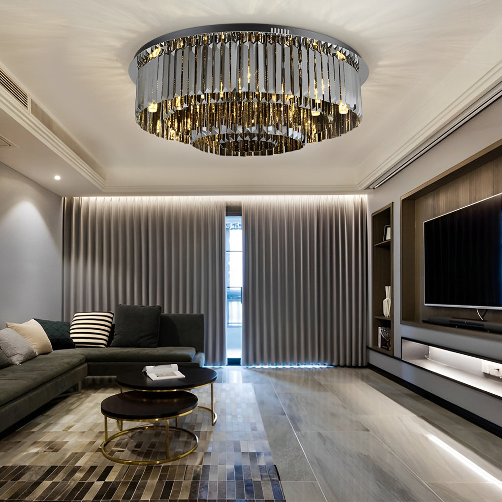 Modern Smoke Gray Crystal Strip Tiered Ceiling Lamp with Three Step Dimming LED Flush Mount