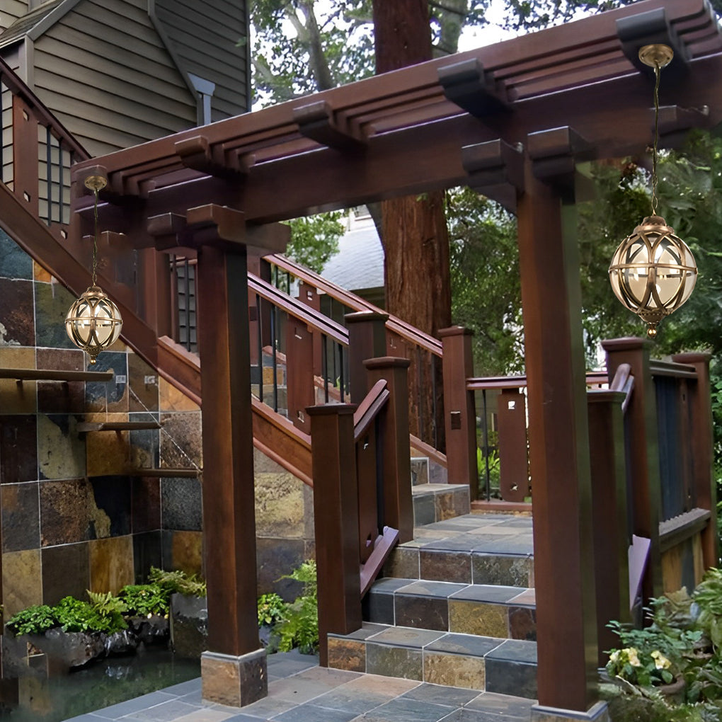 Vintage Waterproof Outdoor Pendant Light Retro Aluminum and Glass Hanging Ball Ceiling Lantern