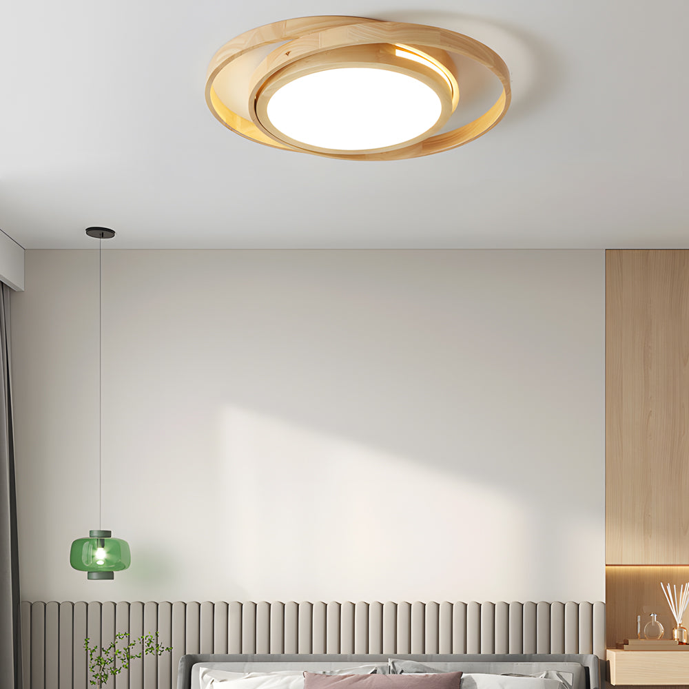 Modern Round Oak Wood LED Ceiling Light with Oval Rings Minimalist Flush Mount Fixture