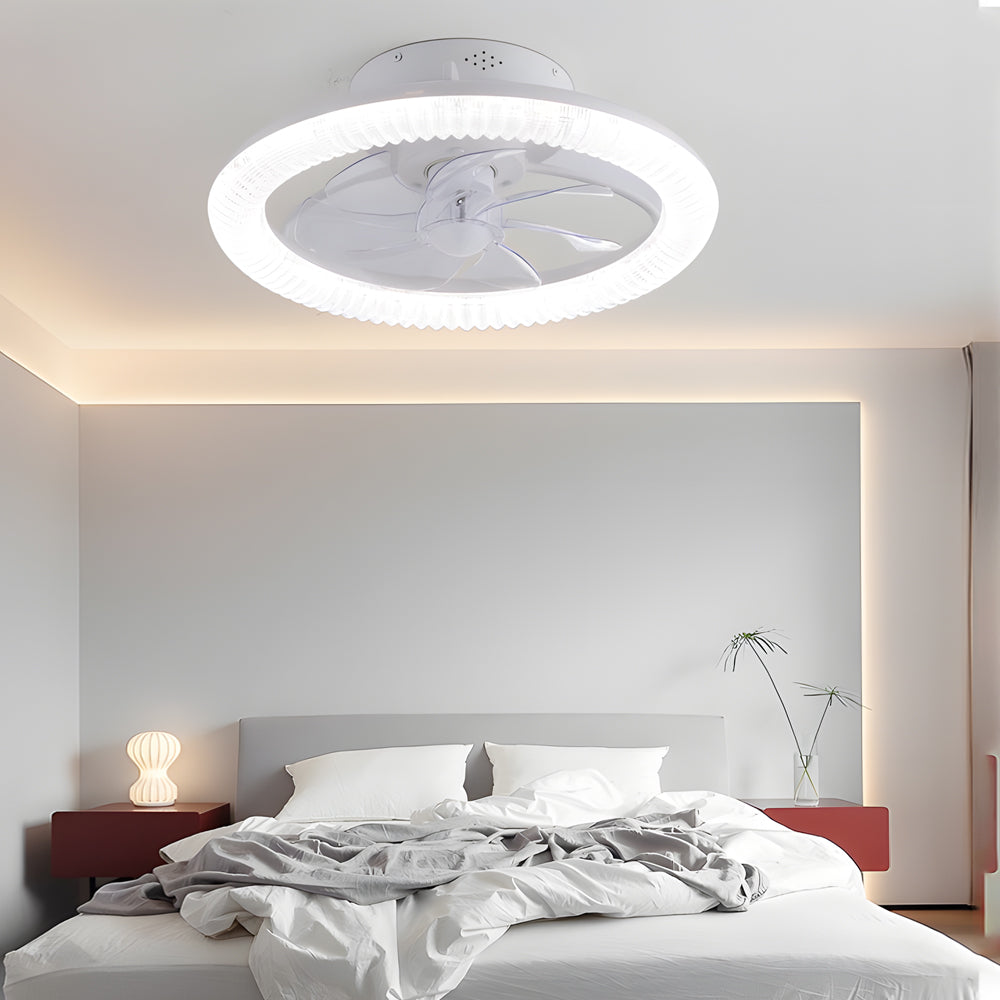 Modern White Round RGB Dimmable Flush Mount Ceiling Fan with Remote Control LED Light