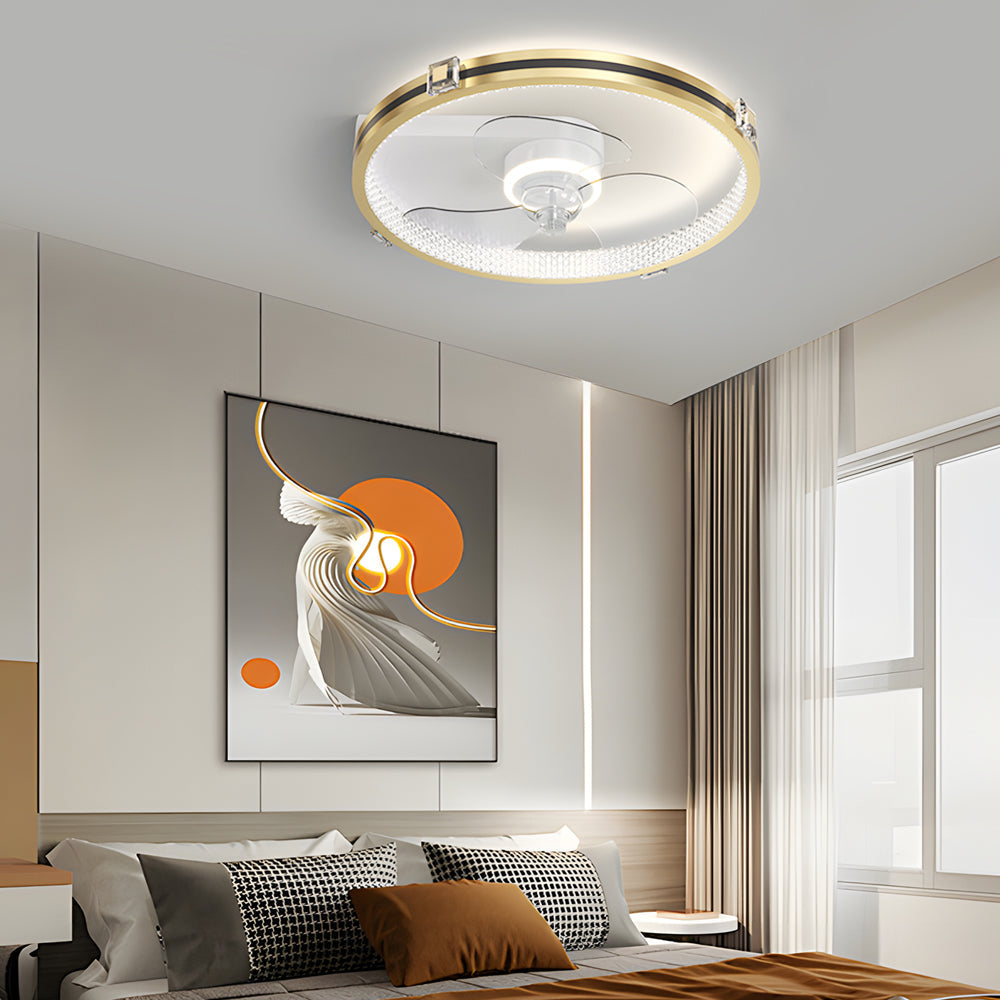 Modern Gold Ring LED Ceiling Fan with 3 Color Dimming Flush Mount Light for Bedroom Study