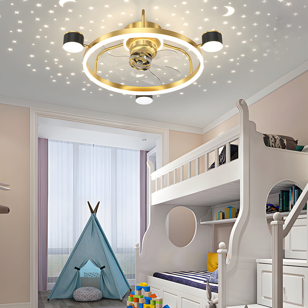 Creative Round Ceiling Fan with Moon Star Projection and 3 Color Dimming for Modern Bedrooms