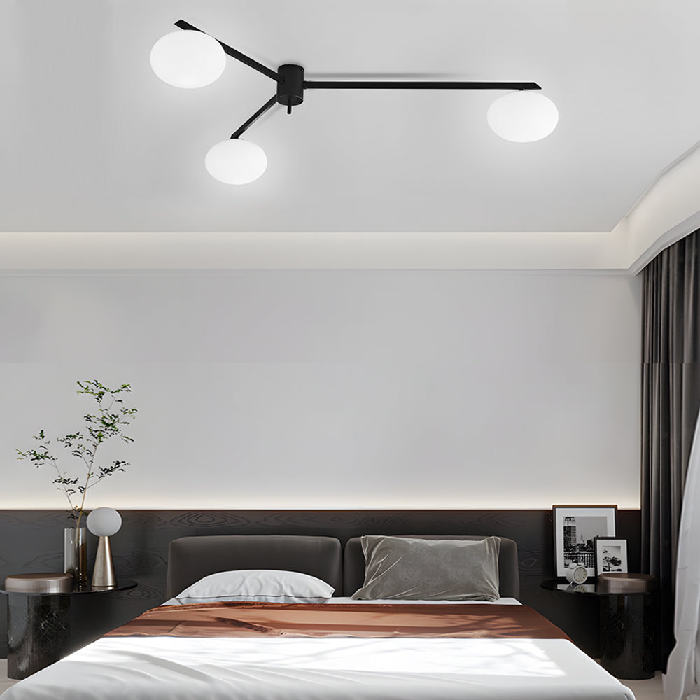 Modern White Glass Globe Semi Flush Mount Ceiling Light with Black Iron Arms