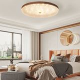 Retro Walnut Finish Round LED Flush Mount Ceiling Light Dimmable with Remote Control