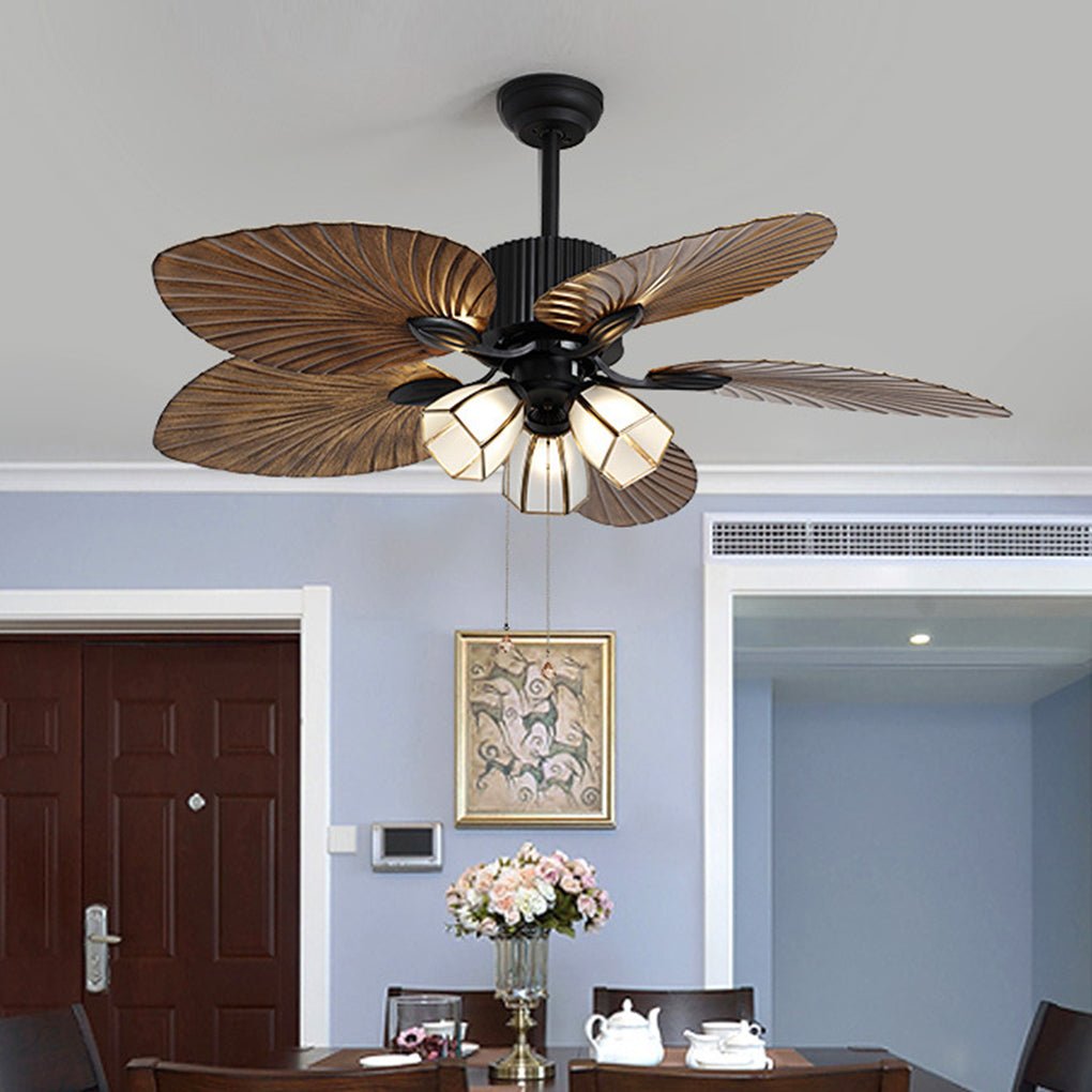 52 Inch Rustic Leaf Shaped Reversible Ceiling Fan with 12W Dimmable LED and Silent Inverter Motor