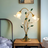 Modern Floral Desk Lamp with Dual Glass Flower Shades and Elegant Iron Leaf Accents