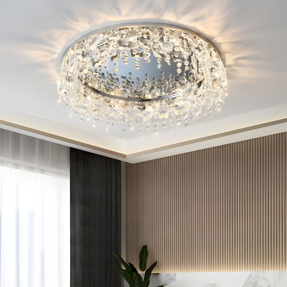 Modern Round K9 Crystal Flush Mount Ceiling Light with 3 Step Dimming and Elegant Chrome Finish