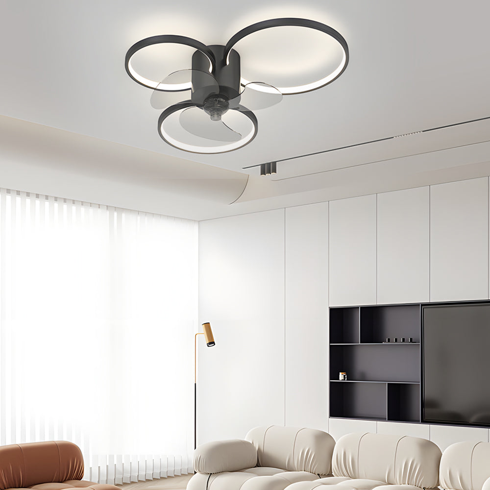 Silent Modern LED Ceiling Fan Light with Square and Round Ring Design Three Step Dimming