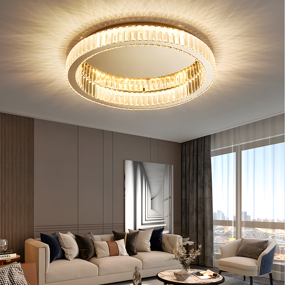 Luxury Round K9 Crystal LED Ceiling Fixture Dimmable Post Modern Flush Mount Gold Lamp