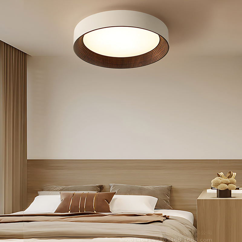Modern Wood Grain Round LED Ceiling Light Iron 3 Step Dimming Flush Mount Fixture