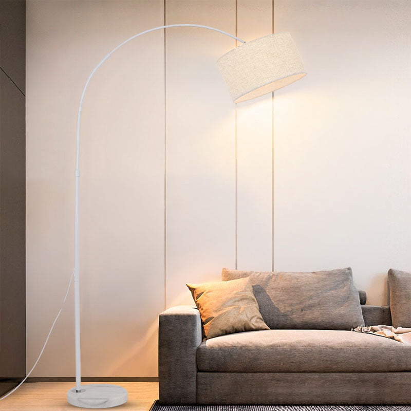 Modern Adjustable Arc Floor Lamp with Marble Base and Fabric Drum Shade for Living Room Reading