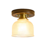 American Country Style Walnut Wood and Glass Flush Mount Ceiling Light Fixture