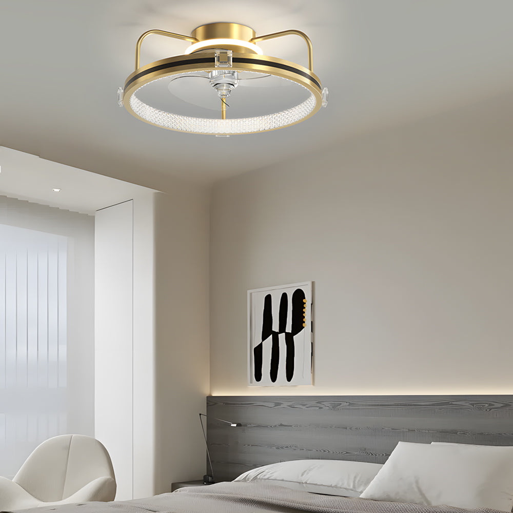 Modern Gold Flush Mount Ceiling Fan with Silent LED Light and 3 Color Dimming Function