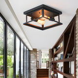 Industrial Square Metal Ceiling Lamp Rustic Black Iron Frame Flush Mount Light for Farmhouse Bedroom and Entryway