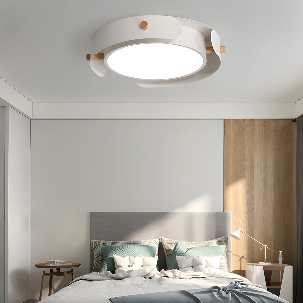 Modern White Iron and Rubber Wood Round Drum Flush Mount LED Ceiling Light Fixture