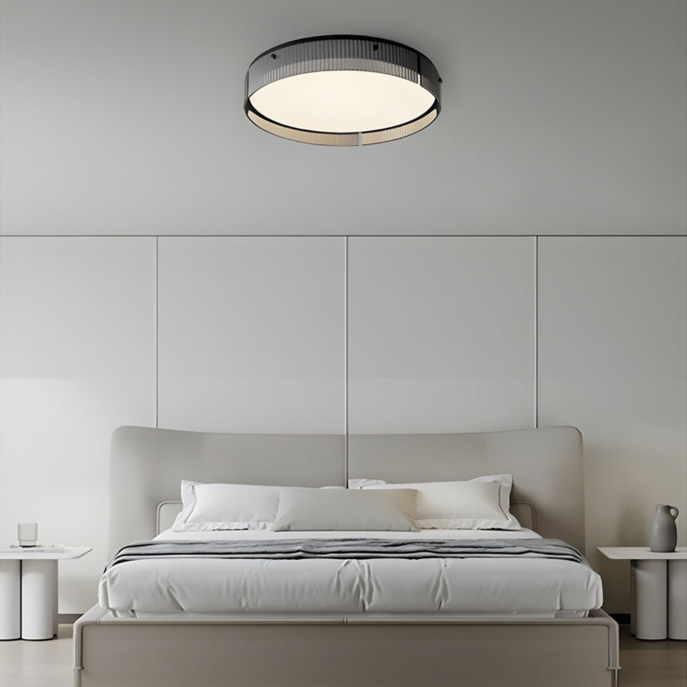 Modern Dimmable Round Ribbed Glass LED Flush Mount Ceiling Light in Gold or Black