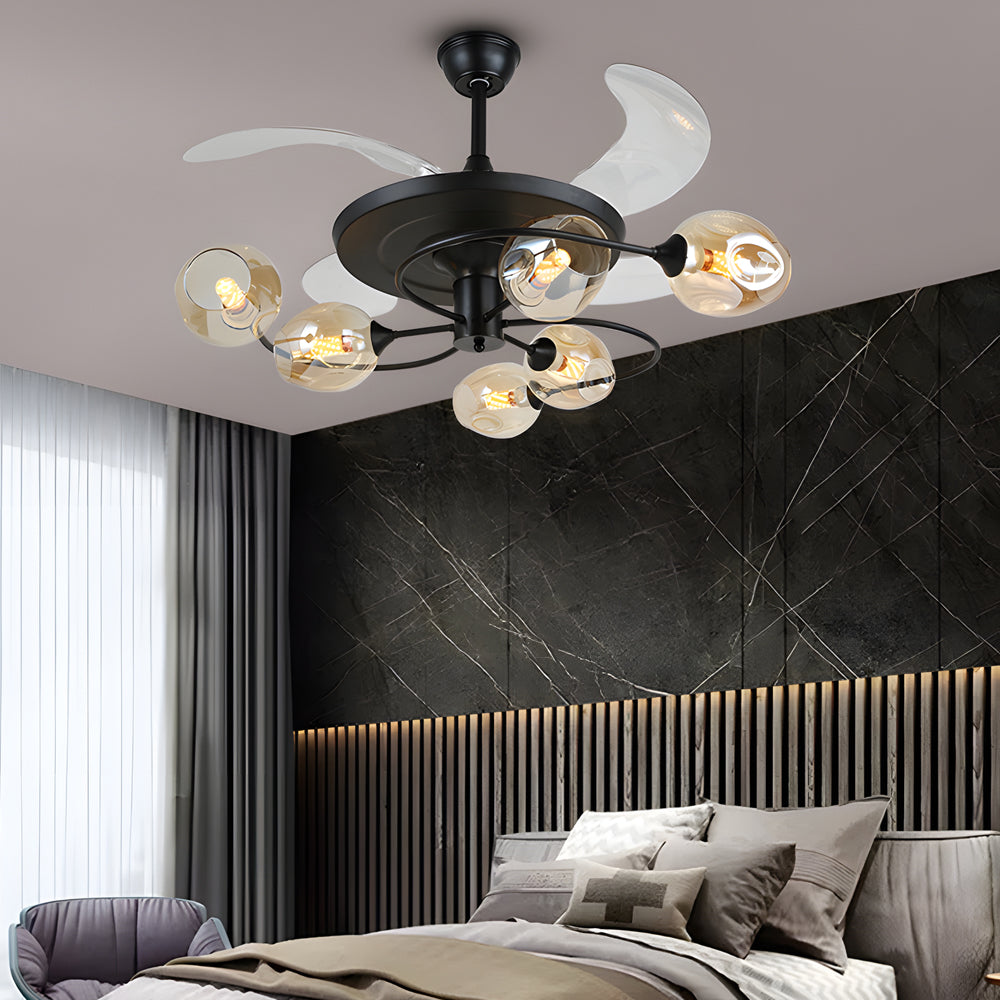 Modern 41 Inch Retractable Ceiling Fan with 4 Blades and Colored Glass Shades for Living Room