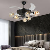 Modern 41 Inch Retractable Ceiling Fan with 4 Blades and Colored Glass Shades for Living Room