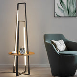 63 Inch Modern LED Tray Floor Lamp with Dimmable Lighting and Wooden Side Table for Living Room
