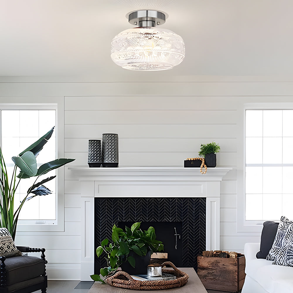 Modern American Style Acrylic Lantern Ceiling Light with Matte Metal Frame and Intricate Pattern Shade