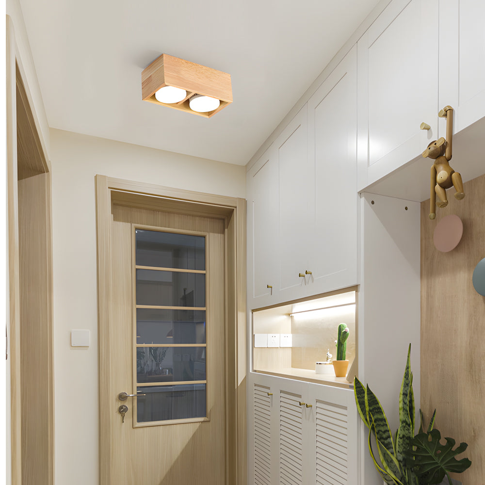 Modern Japanese Wood Cube LED Spotlight Flush Mount Ceiling Light for Aisle and Bedroom