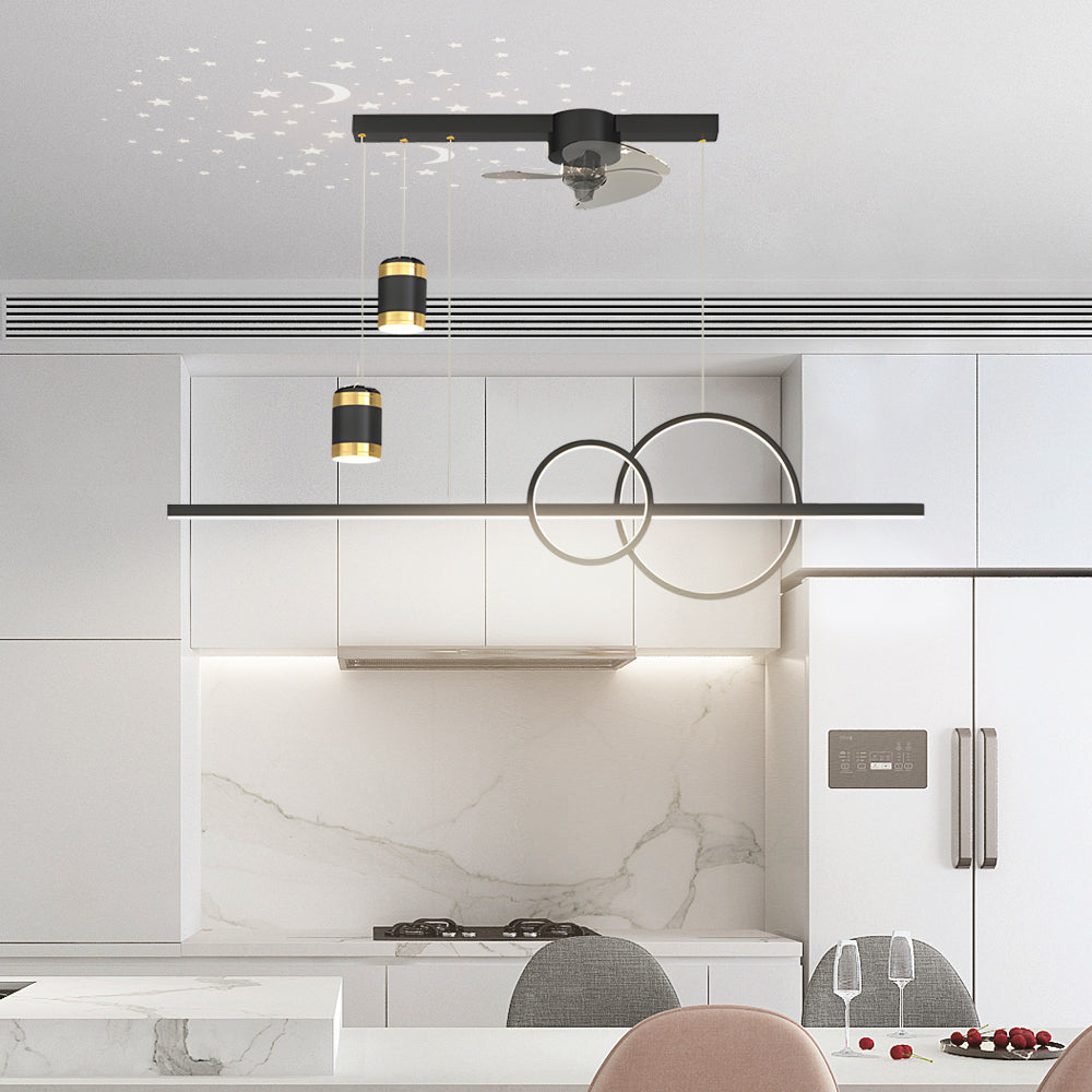 Modern LED Dining Room Linear Chandelier with Integrated Fan and Starry Projection Light