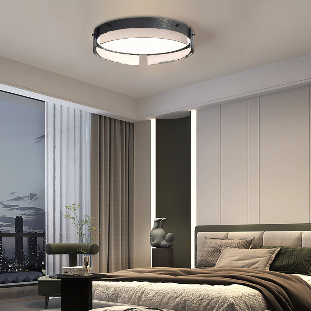 Modern Round Black Hammered Glass LED Flush Mount Ceiling Light for Bedroom