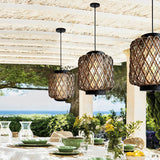 Hand Woven Rattan Outdoor Chandelier Waterproof Rustic Hanging Pendant Light for Garden Patio Yard