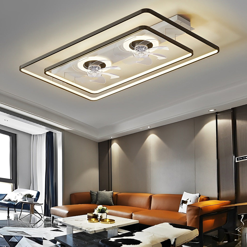 Modern Rectangular Bladeless Ceiling Fan with LED Light and Dual Internal Fans for Living Room