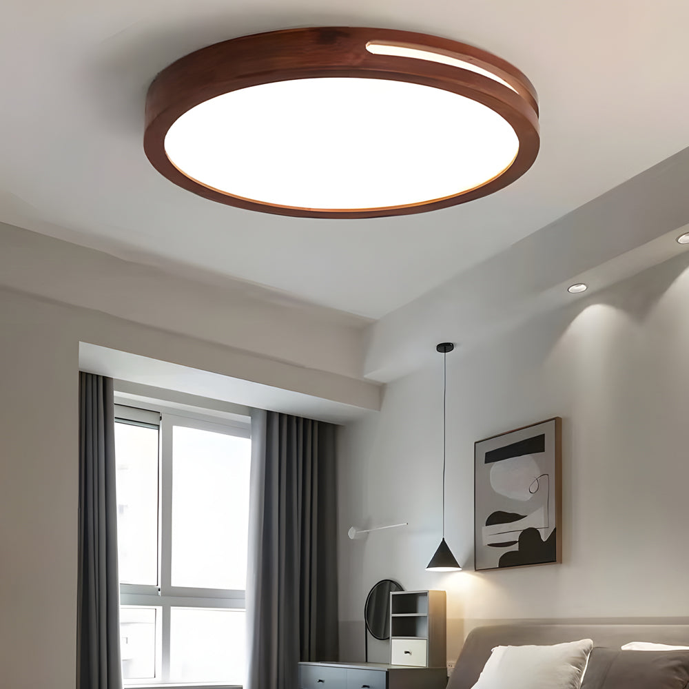 Natural Wood Round LED Ceiling Lamp Retro Dimmable Flush Mount with Remote Control
