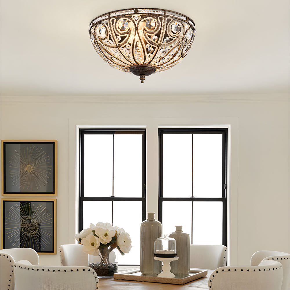 Antique Bronze Roman Style Crystal Bowl Flush Mount Ceiling Light for Elegant Home Decor