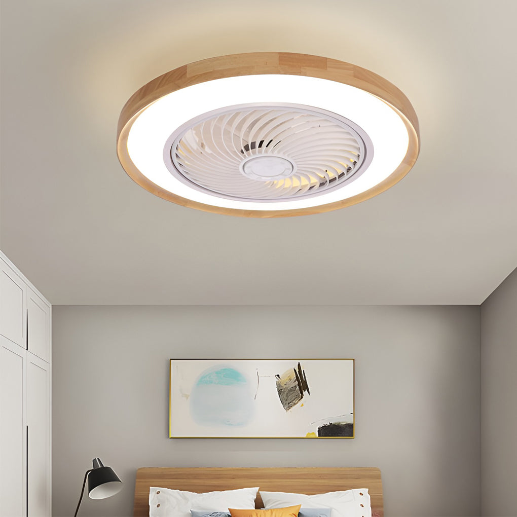 Modern Ultra Thin Bladeless Ceiling Fan with Remote Control Dimmable LED Light in Imitation Wood Grain