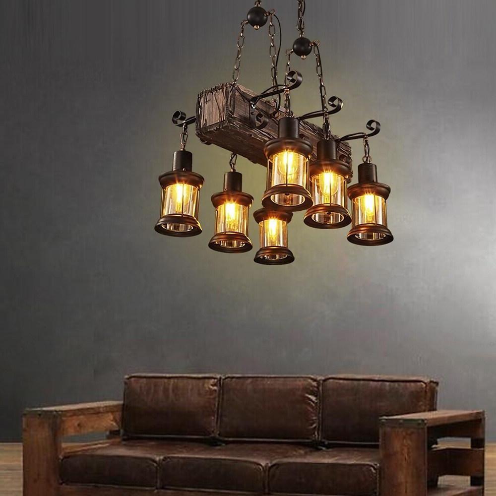 6 Light Antique Wood Lantern Chandelier Rustic Farmhouse Ceiling Pendant Light Fixture