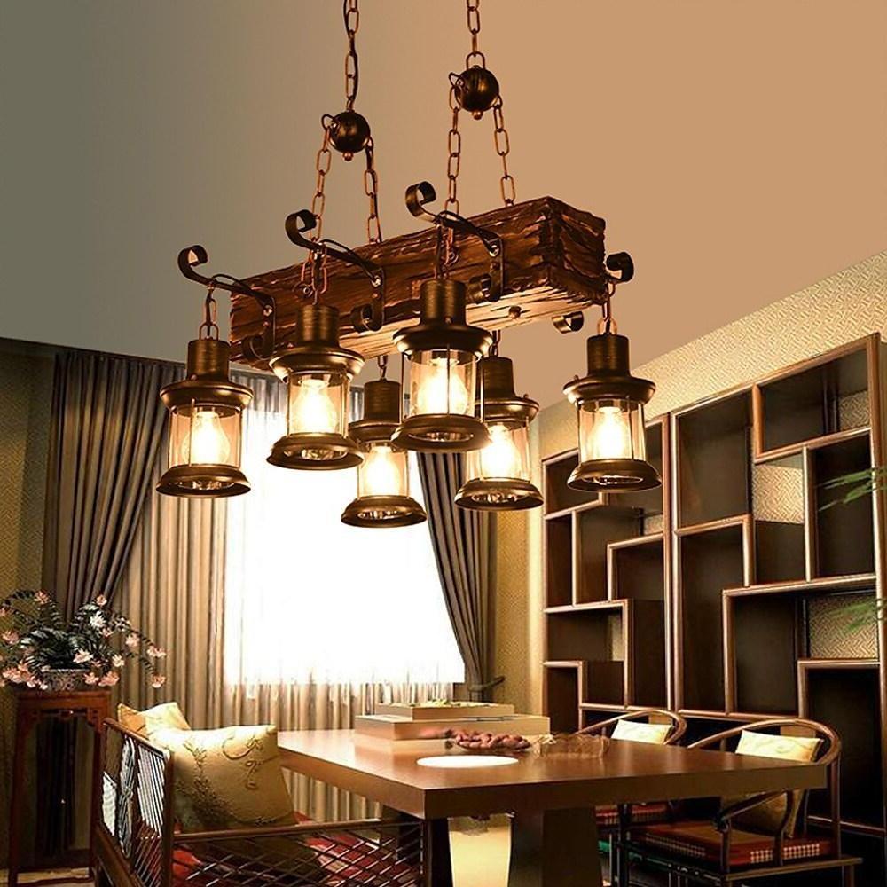 6 Light Antique Wood Lantern Chandelier Rustic Farmhouse Ceiling Pendant Light Fixture