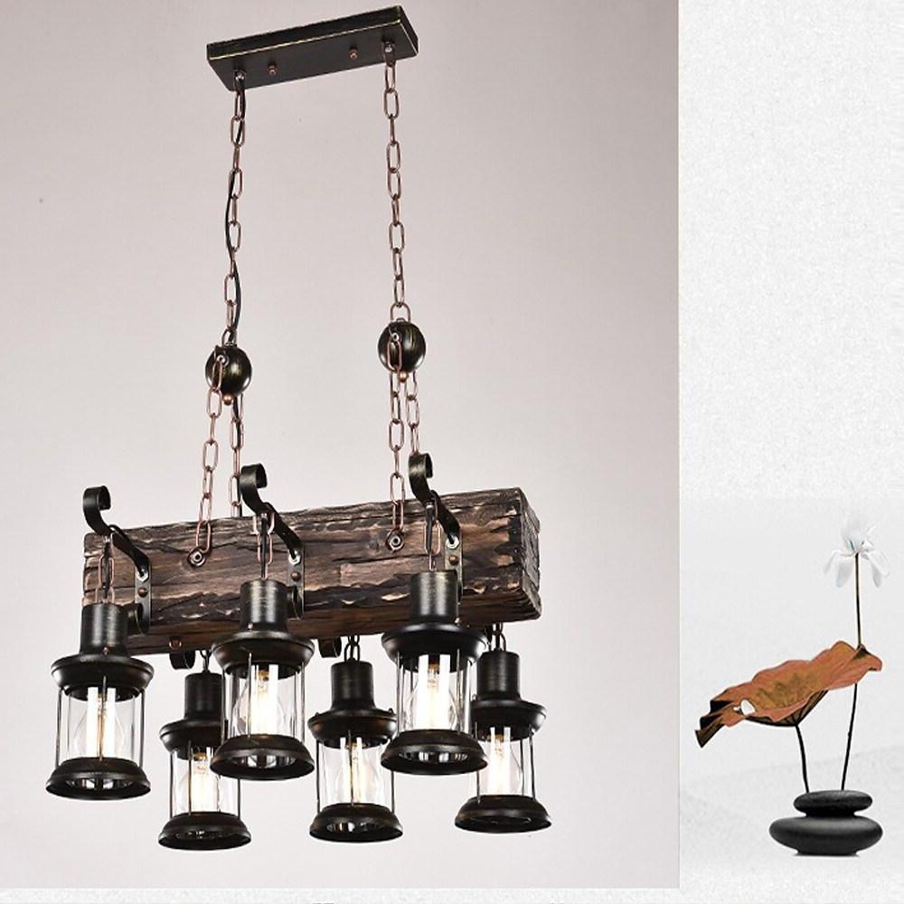 6 Light Antique Wood Lantern Chandelier Rustic Farmhouse Ceiling Pendant Light Fixture