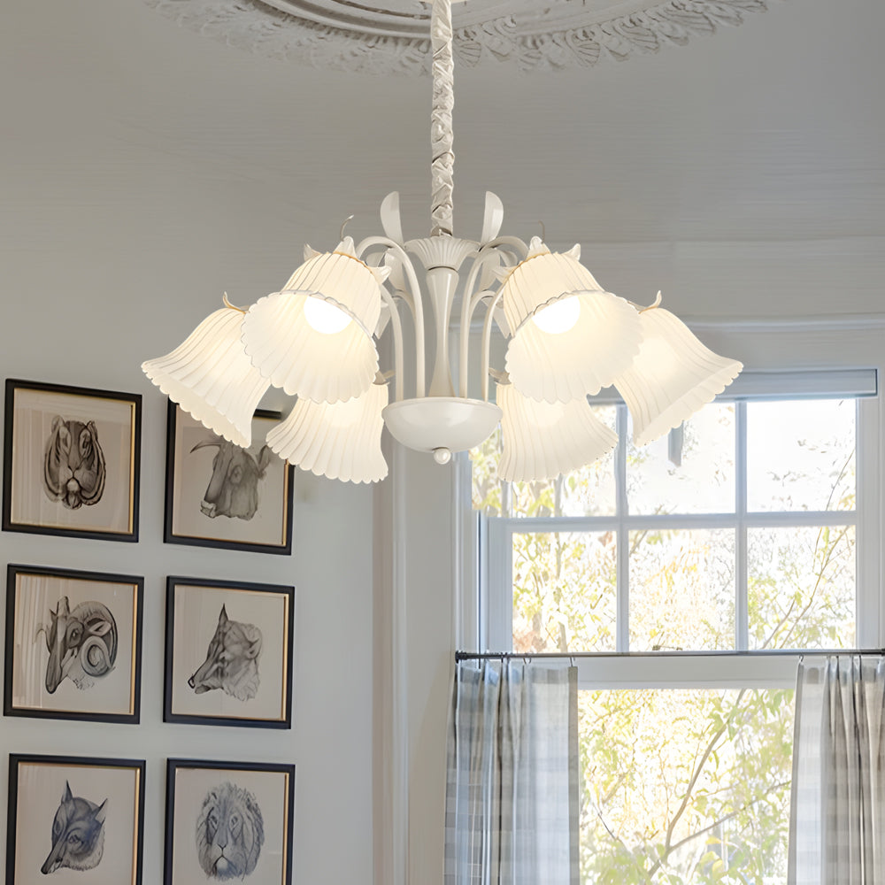6 Light French Pastoral White Glass Flower Chandelier with Green Branches and 3 Step Dimming