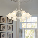 6 Light French Pastoral White Glass Flower Chandelier with Green Branches and 3 Step Dimming