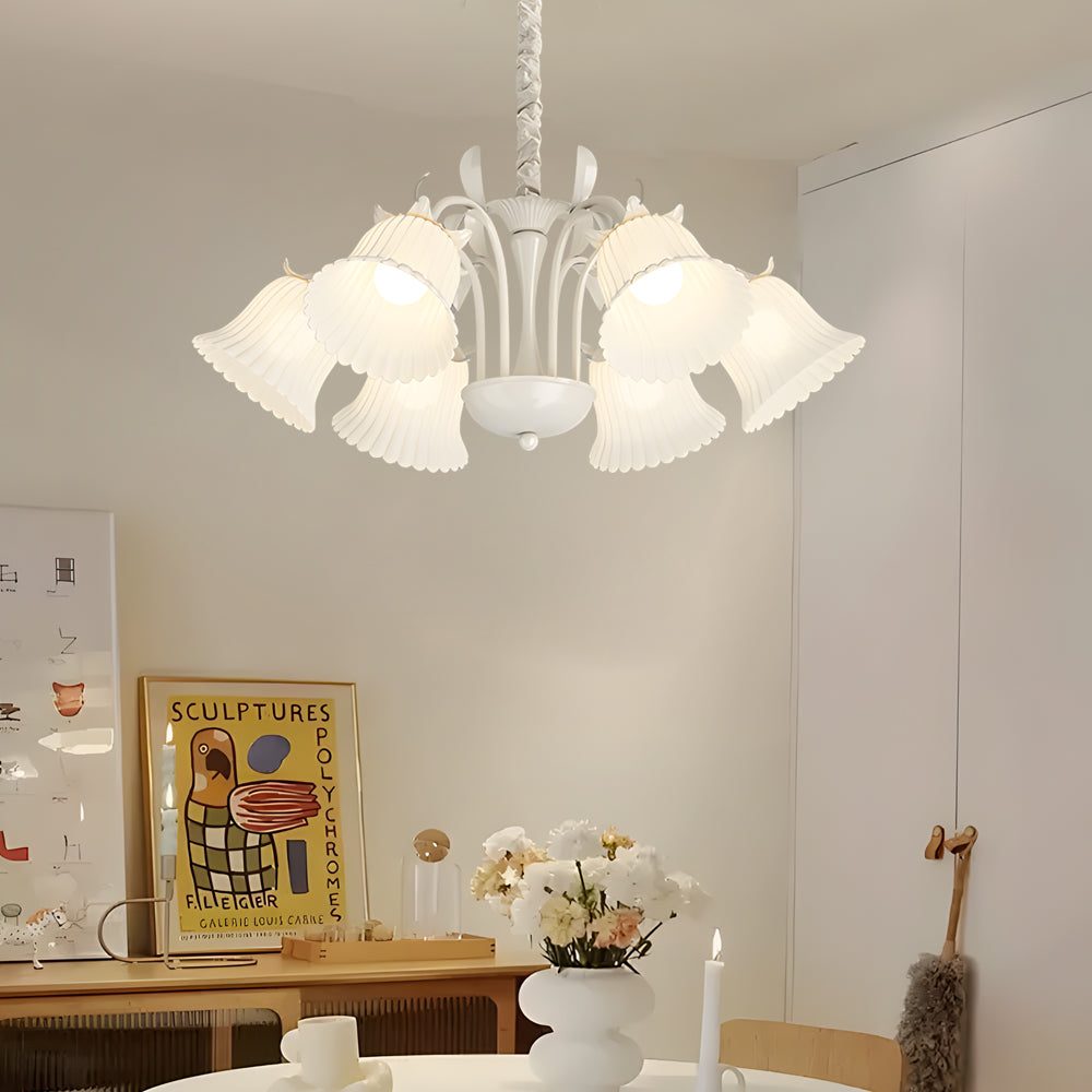 6 Light French Pastoral White Glass Flower Chandelier with Green Branches and 3 Step Dimming