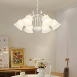 6 Light French Pastoral White Glass Flower Chandelier with Green Branches and 3 Step Dimming