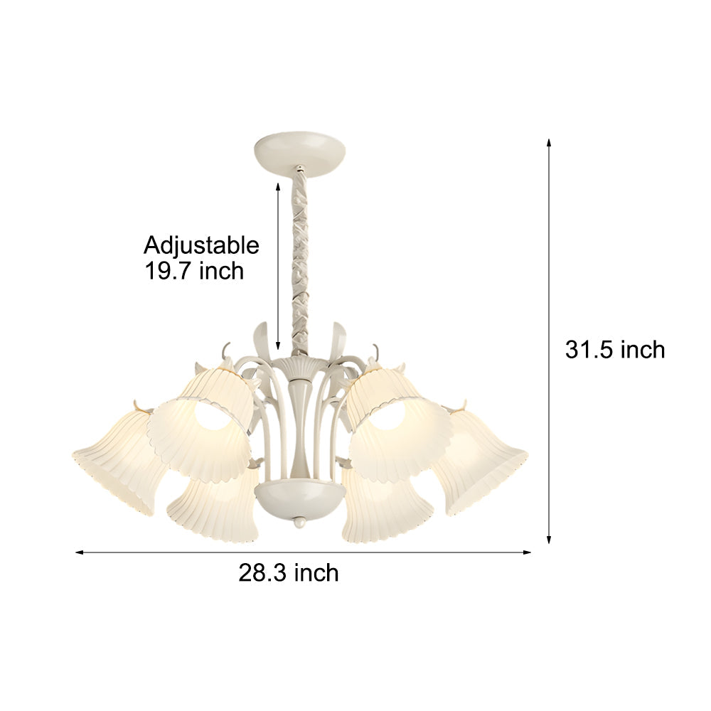 6 Light French Pastoral White Glass Flower Chandelier with Green Branches and 3 Step Dimming