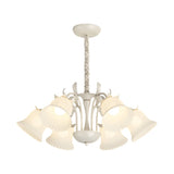 6 Light French Pastoral White Glass Flower Chandelier with Green Branches and 3 Step Dimming