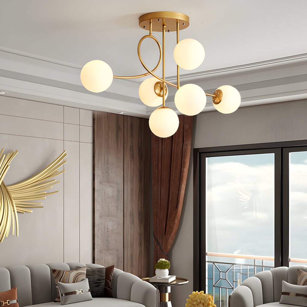 6 Light Semi Flush Mount Chandelier with Spherical Glass Shades for Bedroom Dining Room