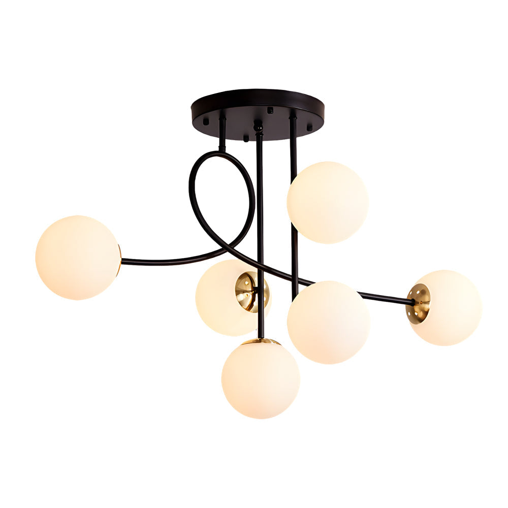 6 Light Semi Flush Mount Chandelier with Spherical Glass Shades for Bedroom Dining Room