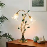 Modern Floral Desk Lamp with Dual Glass Flower Shades and Elegant Iron Leaf Accents