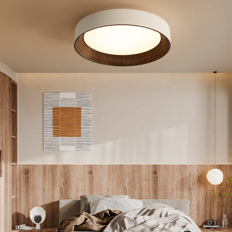 Modern Wood Grain Round LED Ceiling Light Iron 3 Step Dimming Flush Mount Fixture