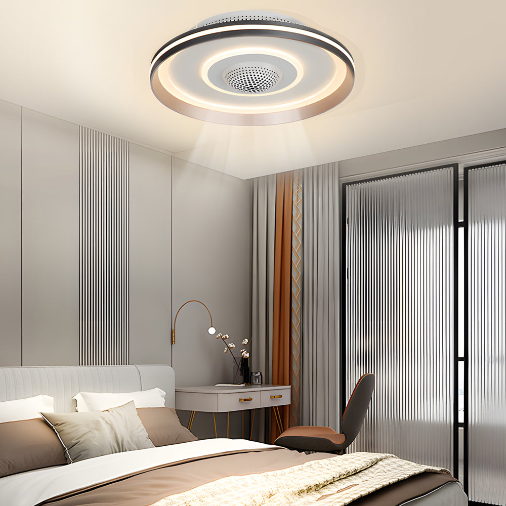 Modern Round Bladeless Ceiling Fan with Dimmable LED Light Flush Mount Low Profile Fixture