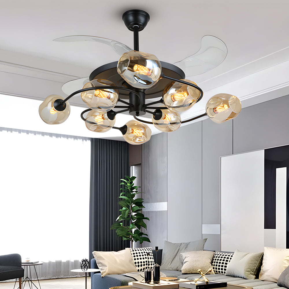 Modern 41 Inch Retractable Ceiling Fan with 4 Blades and Colored Glass Shades for Living Room