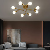 Modern Gold Chandelier with White Spherical Glass Shades for Living Room and Bedroom
